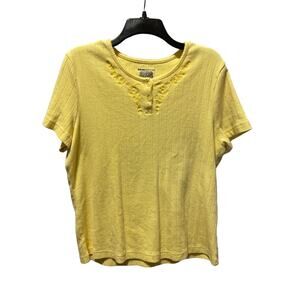 Basic Edition Women's XL Yellow Top, Embroidered Flowers, Short Sleeve